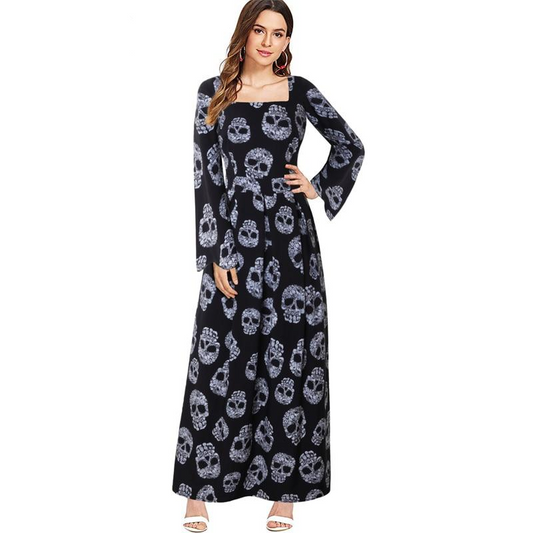 Women Fashionable Pin up Long Flare Sleeve Square Collar Sugar Skull Print Halloween Party Clothing Maxi Dress elegant