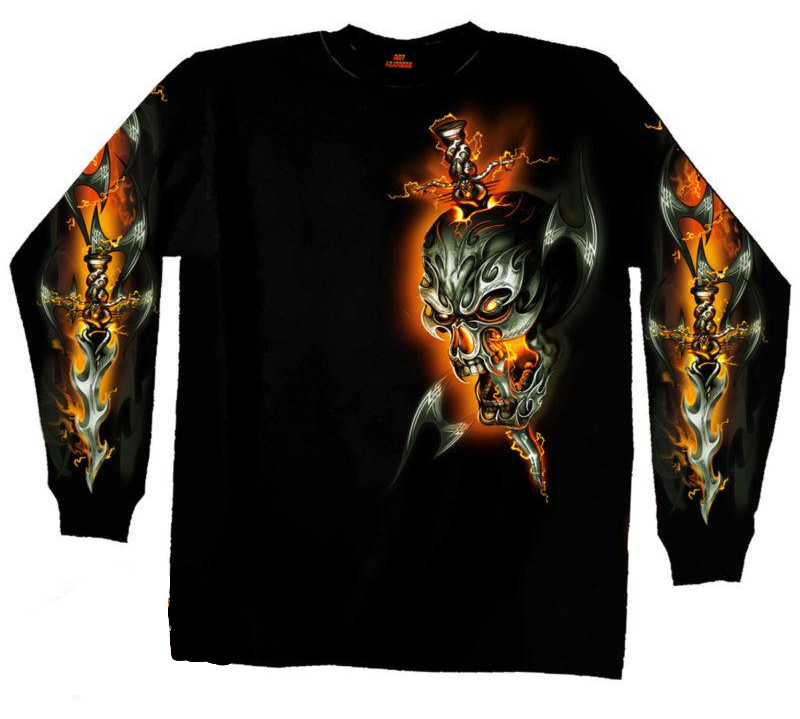 Biker Long Sleeve Electric Skull T Shirt