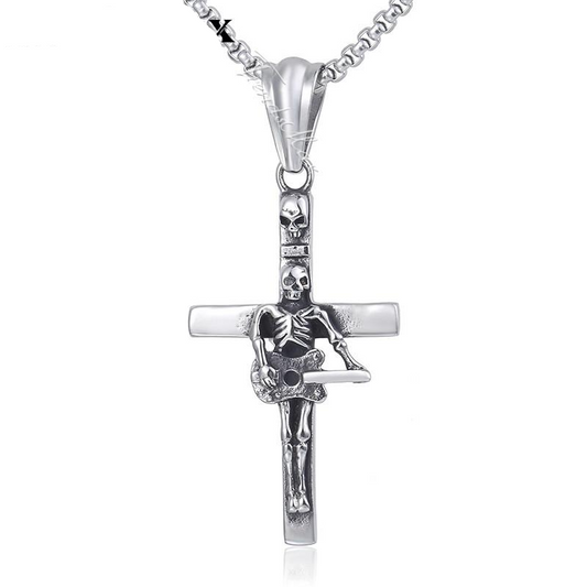 Guitar Skull Cross Pendant Necklace Gothic Mens Chain 316L Stainless Steel Box Link Silver 18-36inch