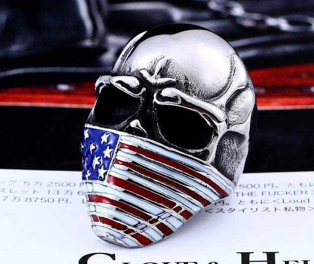 American Flag Stainless Steel Skull Ring For Man Personality Biker Jewelry Wholesale Factory Price BR8-283