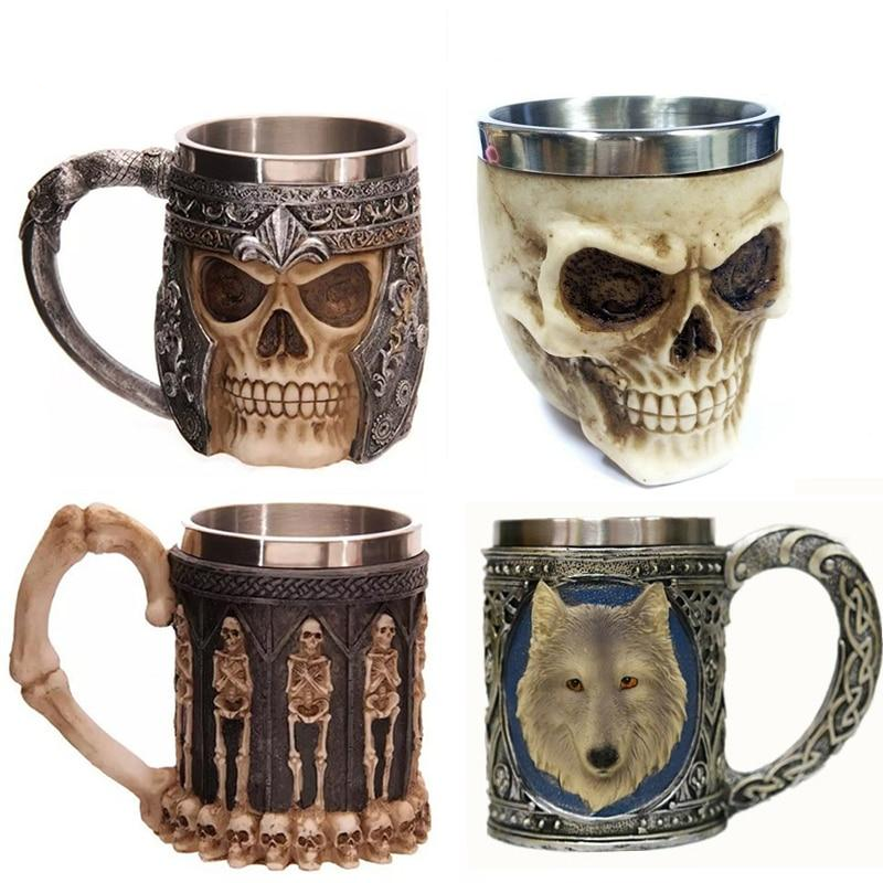 3D Creative Skull Mug Double Wall Stainless Steel Tea Cup Milk Bottle Coffee Mug Skull Knight Tankard Drinking Mug