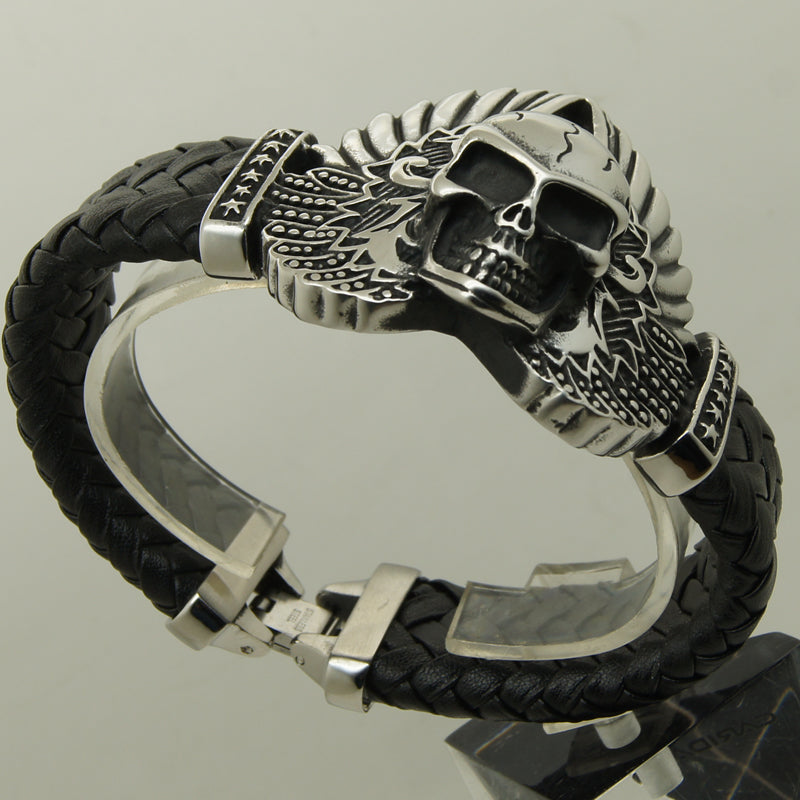 Cool wing feather star skull woven leather 316 stainless steel bangle bracelet