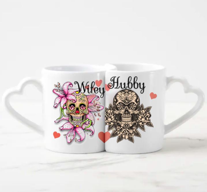 Sugar skull S-shaped Couple Cup, Day of the dead ceramics mug