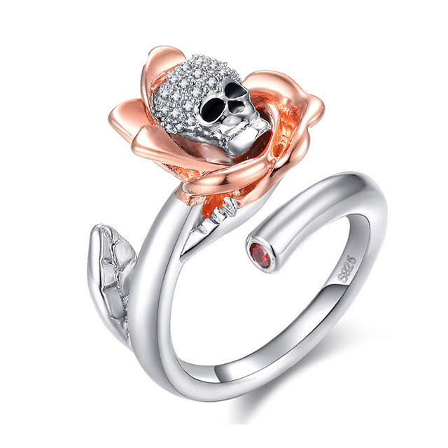 Women Gothic Punk Skull Skeleton Zinc Alloy Rings Jewelry Fashion Rose Gold Color Crystal Flor Open Ring Size 6,8,10