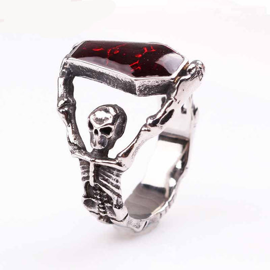 Crazy Feng Gothic Punk Fire Opal Stone Skull Finger Rings For Femme Top Quality Stainless Steel Skeleton Midi Ring Jewelry Gift