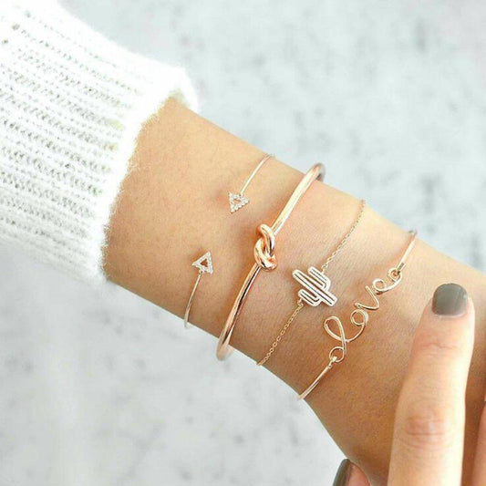 4pcs/1set Gold Color Cactus Letter Knot Bracelet Bohemian Geometric Metal Chain Bracelet Statement Jewelry 6116