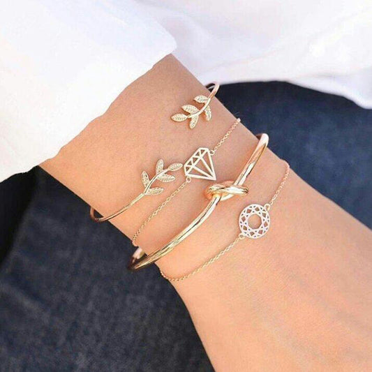 4pcs/1set Punk Bracelet Simple Geometric Leaf Knot Metal Chain Bracelet Bohemian Retro Bracelet Jewelry Accessories 6115