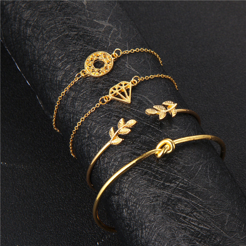 4pcs/1set Punk Bracelet Simple Geometric Leaf Knot Metal Chain Bracelet Bohemian Retro Bracelet Jewelry Accessories 6115
