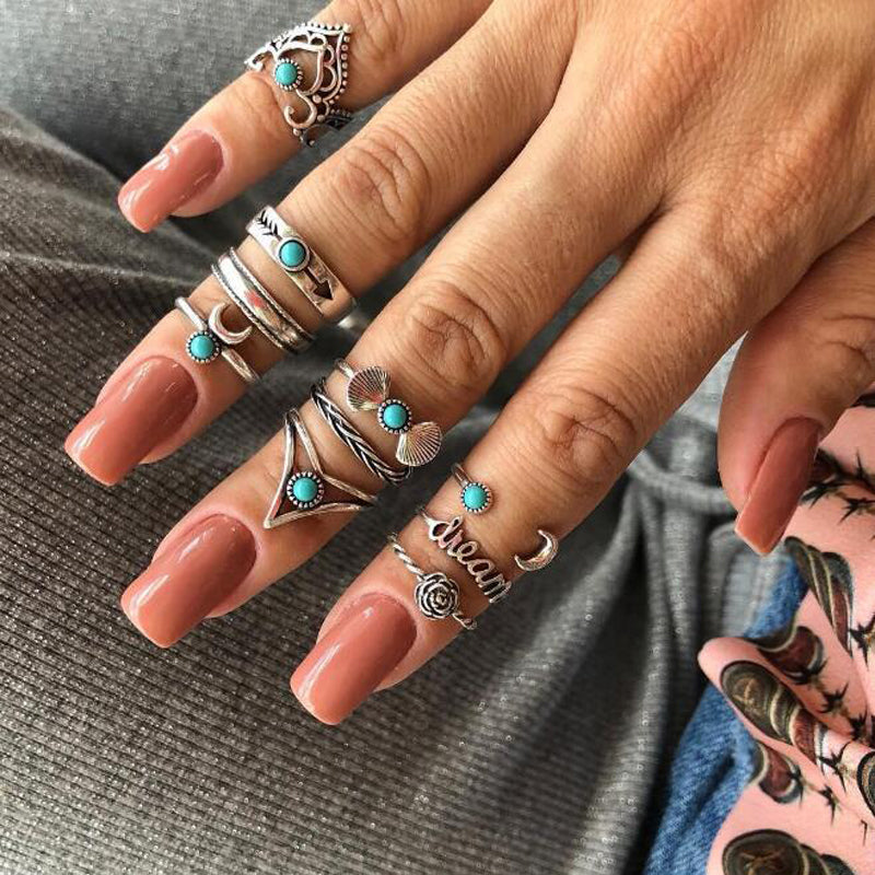 Antique Silver Carved Geometric Rings Set for Women Letter Hand Flower Knuckle Midi Rings Set Bohemian Jewelry