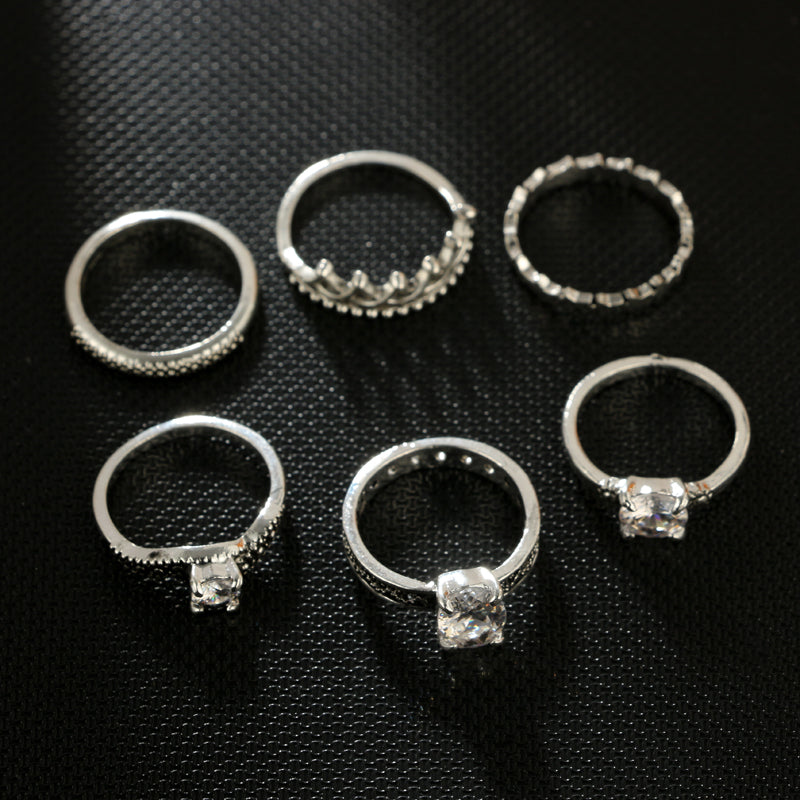 Bohemian Crown Star Carved Knuckle Rings Set for Women White Crystal Midi Finger Ring Statement Jewelry 6pcs/1set 4188