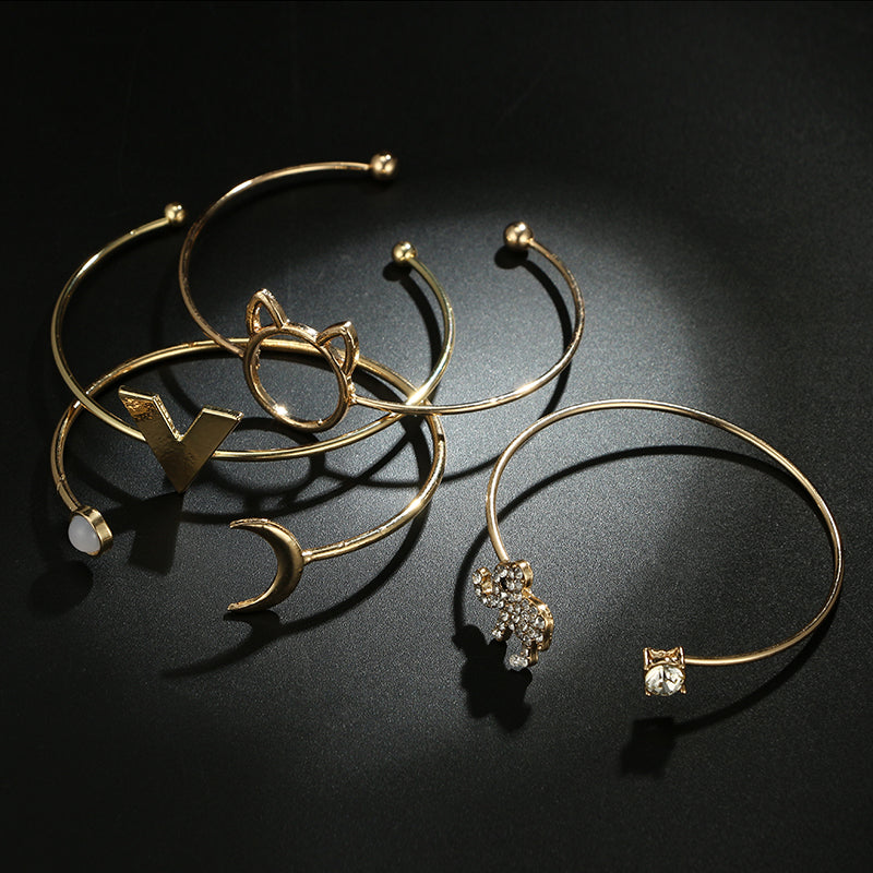 Bohemian Gold Color Cat Elephant Moon Bracelet Set for Women Alloy Open Adjustable Bracelet Bangle Statement Jewelry 5253