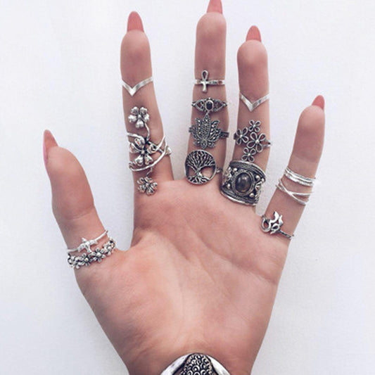 Bohemian Silver Lutous Flower Tree Rings Set for Women Alloy Geometric Knuckle Midi Ring Boho Jewelry Anillos 6391