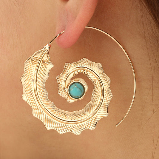 Indian Spiral Leaf with Green Rhinestone Drop Earrings for Women Punk Gold Silver Circle Dangle Earring Oorbellen