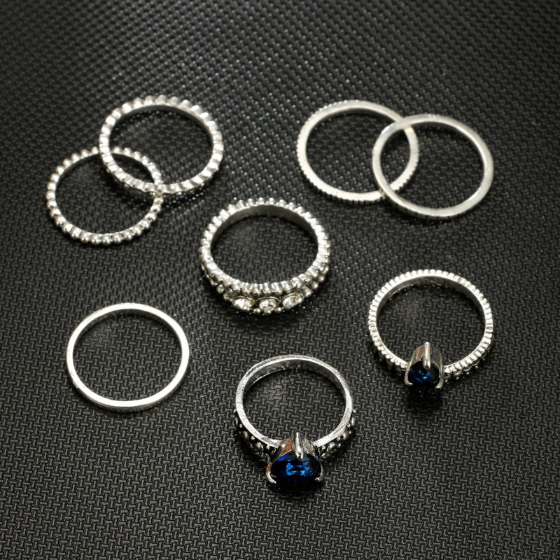 Tribal Silver Blue Heart Rings Set for Women Metal Crystal Knuckle Midi Rings Statement Jewelry Bague Femme