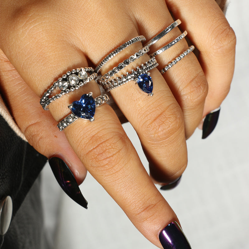Tribal Silver Blue Heart Rings Set for Women Metal Crystal Knuckle Midi Rings Statement Jewelry Bague Femme