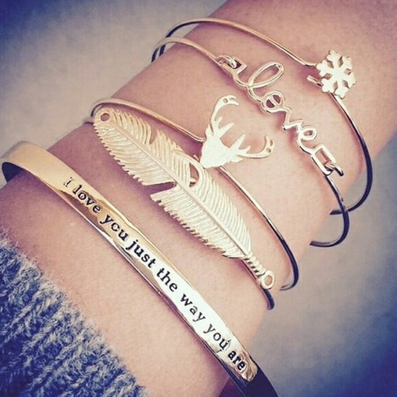 Vintage Leaf Deer Snowflake Bracelets Set for Women Girl Metal Letter Bracelet Statement Pulseras Mujer 5021