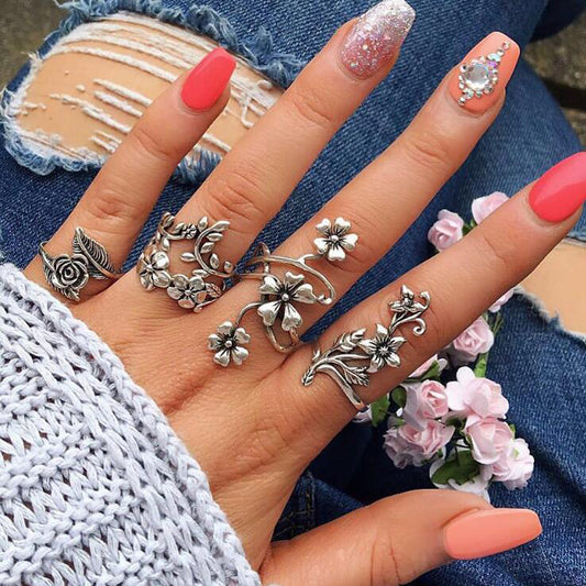 Vintage Rose Flower Rings Set for Women Girl Bohemia Antique Silver Color Midi Rings Set Floral Knuckle Ring  6047