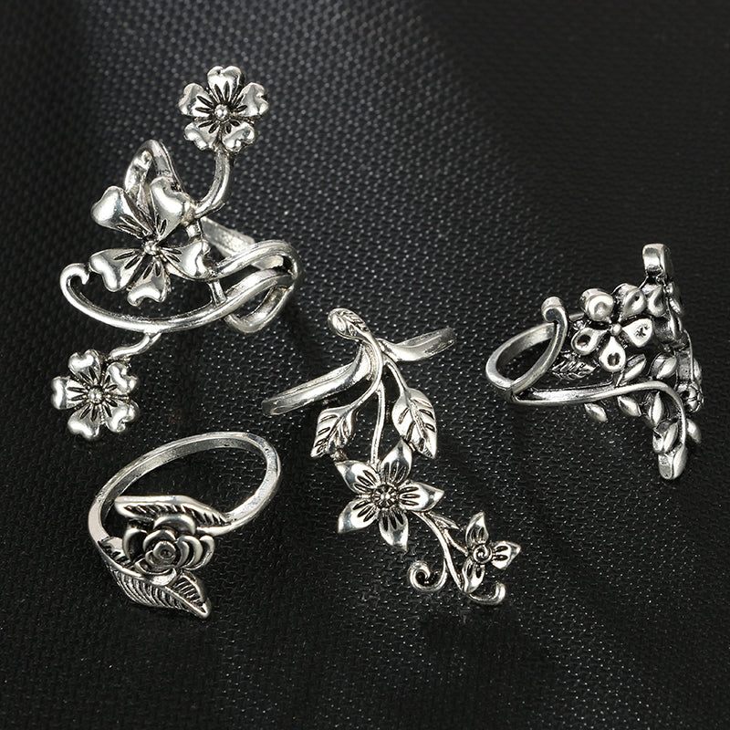 Vintage Rose Flower Rings Set for Women Girl Bohemia Antique Silver Color Midi Rings Set Floral Knuckle Ring  6047