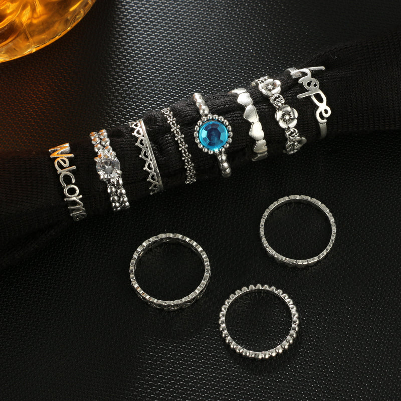 Vintage Silver Letter Flower Heart Knuckle Rings for Women Blue Crystal Carved Finger Midi Rings Set 11pcs 4229