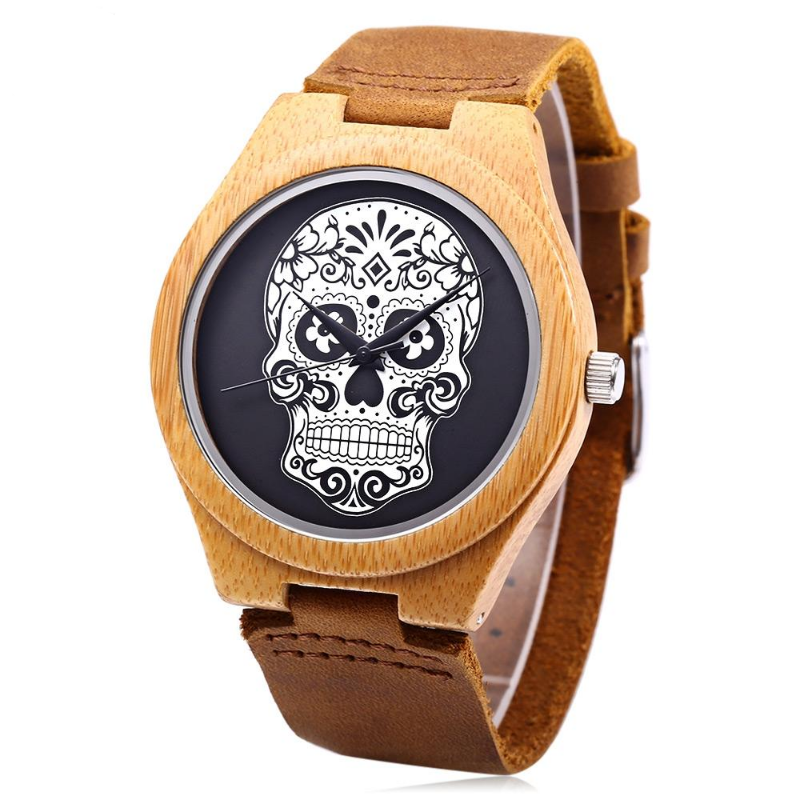 Quartz Watch Imported Movt Skull Pattern Dial Wooden Case Wristwatch