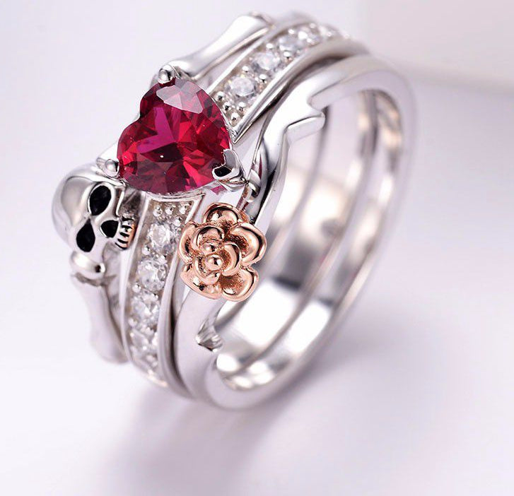 Gothic Skull Finger Silver female wedding rings set For Women Girl Red Heart Crystal CZ Rose Flower Trendy Jewelry Gift ring