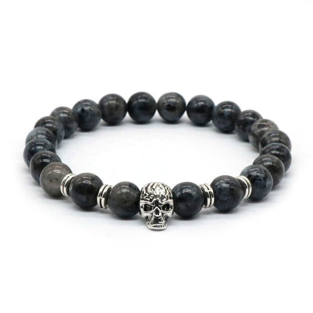 Antique Gold Color Skeleton Skull Bracelet Men With Black Lava Stone Bead Bracelets Pulseira Masculina HS-1