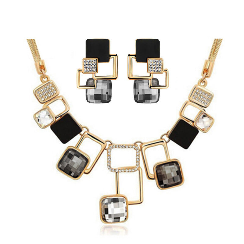 Luxury Crystals Square Jewelry Sets Geometric Earrings Square Pendant Snake Chain Necklace Jewelry Women Parure Bijoux