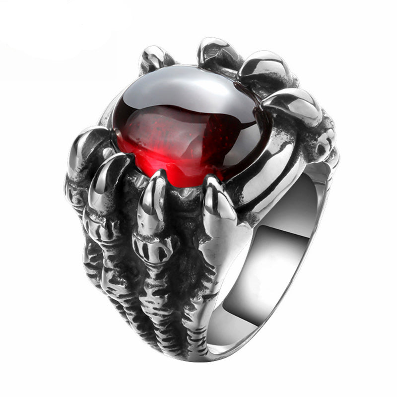 Punk Red Black Opal Stone Skull Dragon Claw Finger Ring For Men Male Fashion Jewelry Anel