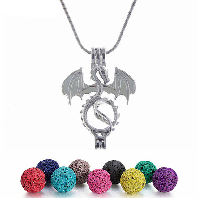 Dragon Skull Angel Horse Dolphin Bear Mermaid Shape Trendy Necklace With 6PCS Lava Rock Beads Velvet Bag Cute Jewelry