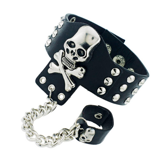 Gothic Skeleton Skull Chain Link Rock Rivet  Cuff  Black Leather Punk Bangle Bracelet S054