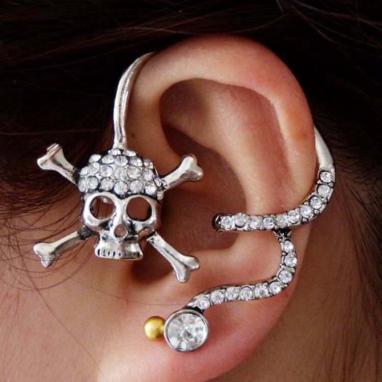 Set of 2 Punk style exaggerate personality clear rhinestone crystal vintage skull clip on