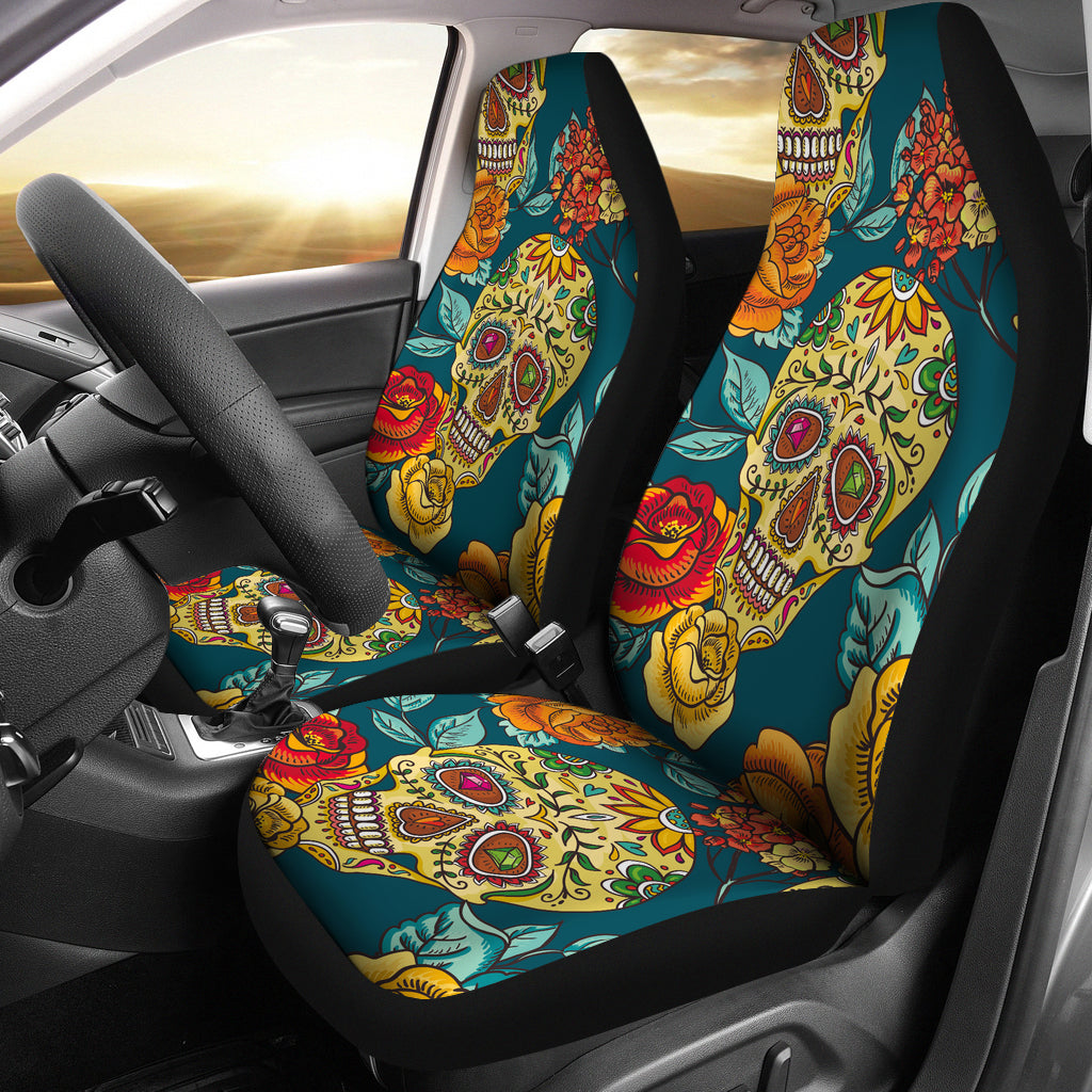 Sugar skull floral car seat cover