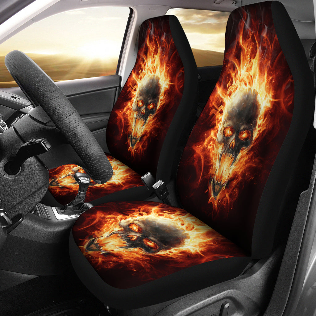 Set of 2 pcs - Skull Gothic Horror Flaming Fire Halloween skull car seat covers