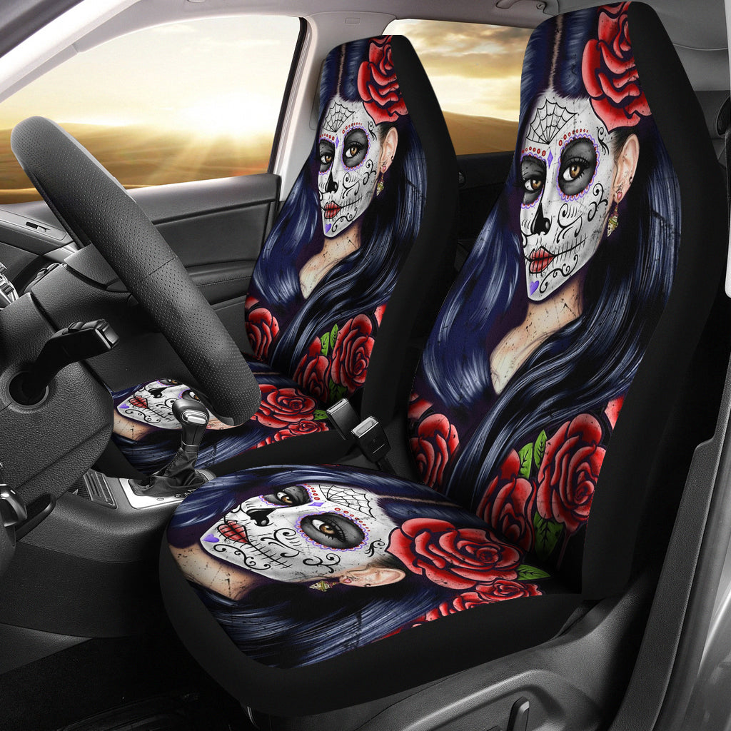 Set of 2 pcs sugar skull girl car seat covers