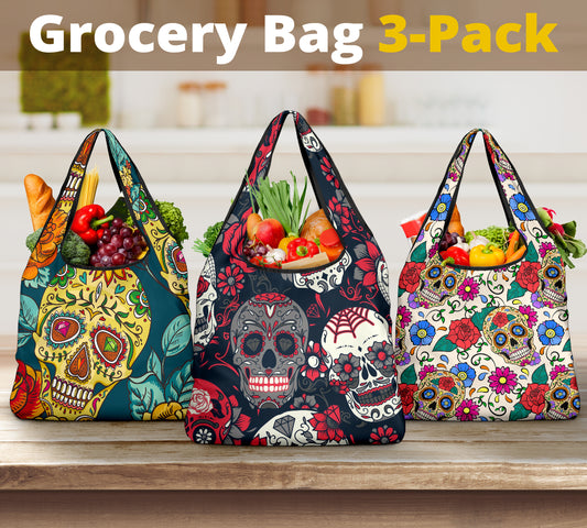 Set of 3pcs Sugar skull Day of the dead grocery bags