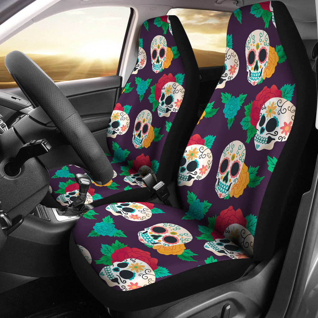 Set 2 pcs Floral sugar skull day of the dead skull car seat covers