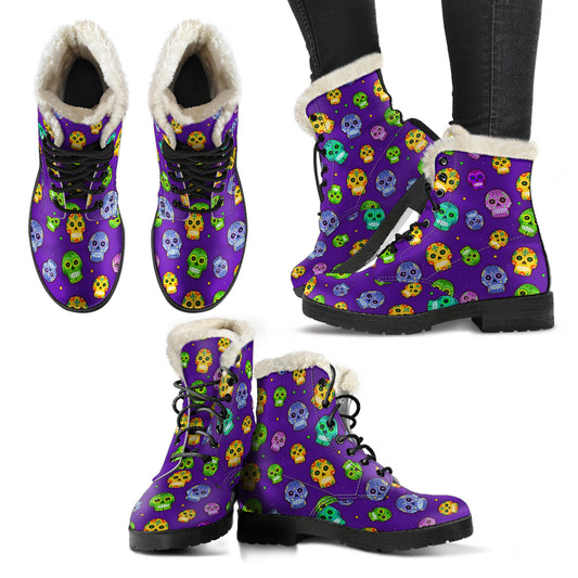 Muerto Sugar Skulls Faux Fur Lined Vegan Leather Boots