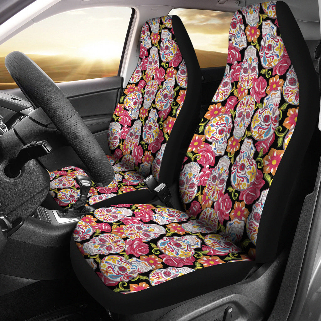 Set of 2 colorful sugar skull car seat covers