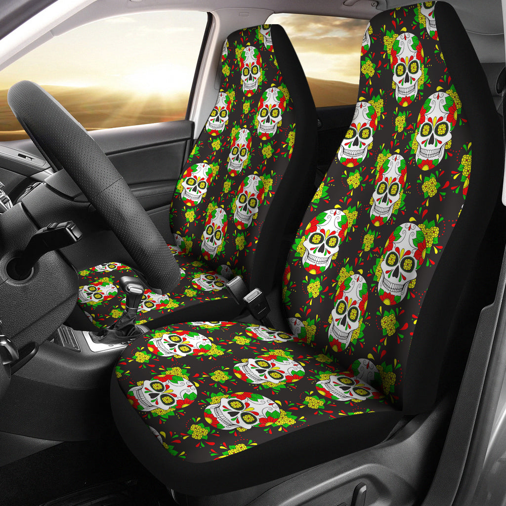 Set of 2 floral sugar skull day of the dead car seat covers