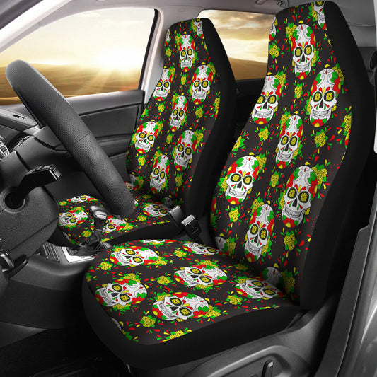 Set of 2 floral sugar skull day of the dead car seat covers