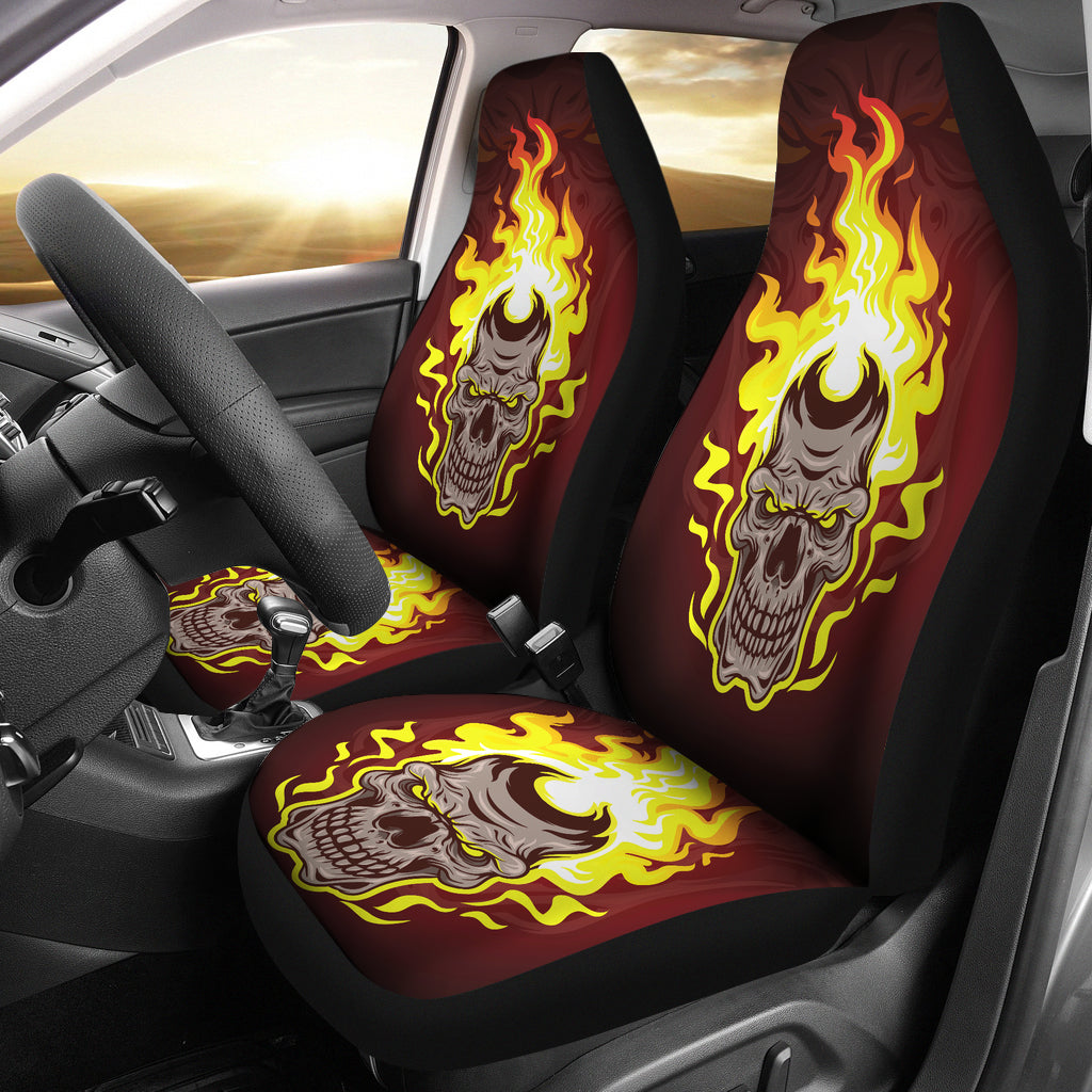 Set of 2 - Gothic horror Halloween skull flaming drum, skull car seat cover