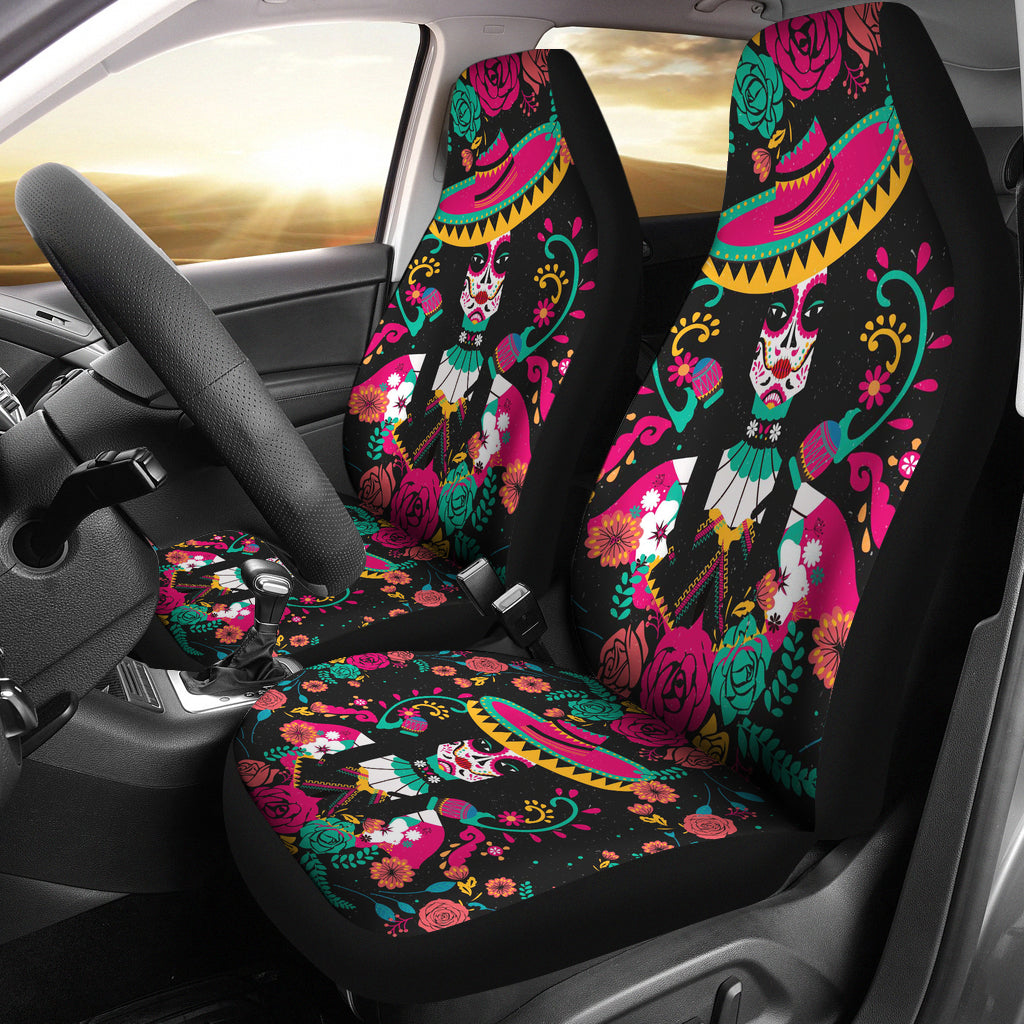 Set of 2 pcs sugar skull car seat covers