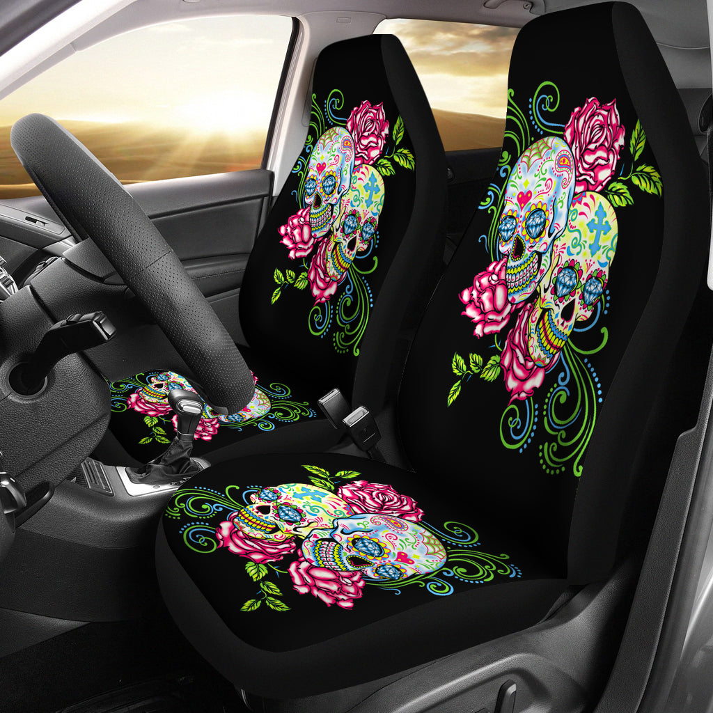 Set of 2 floral sugar skull car seat covers