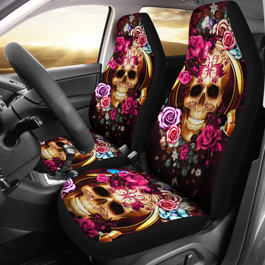 Set of 2 floral beautiful sugar skull car seat covers