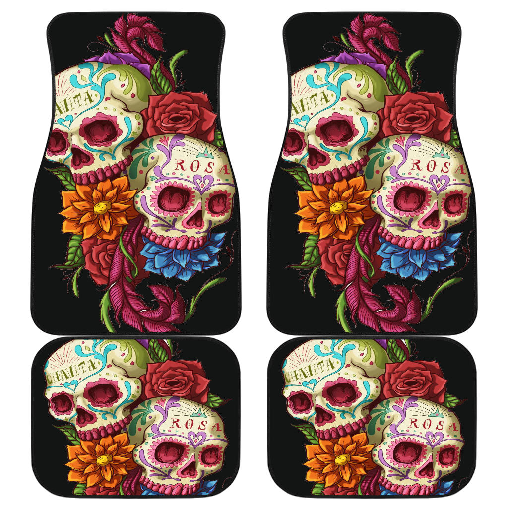 Set of 4 pcs sugar skull rose floral car mats