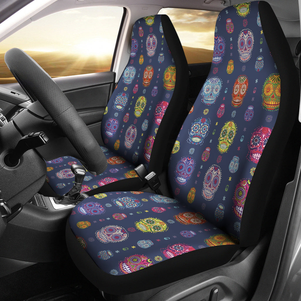 Set of 2 colorful sugar skull car seat covers