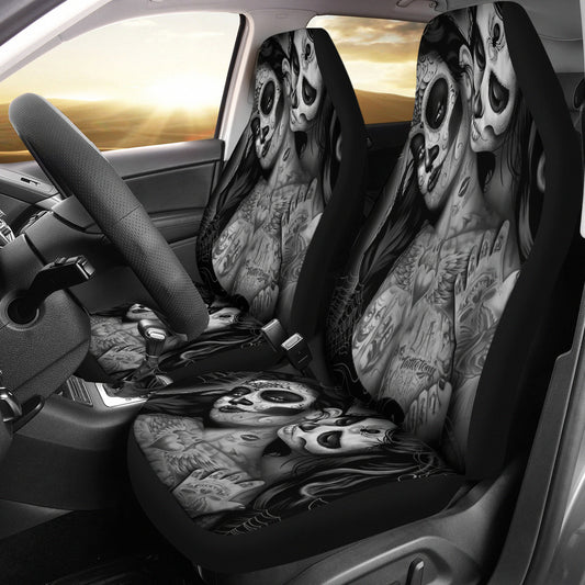 Set of 2 Day of the dead sugar skull car seat covers