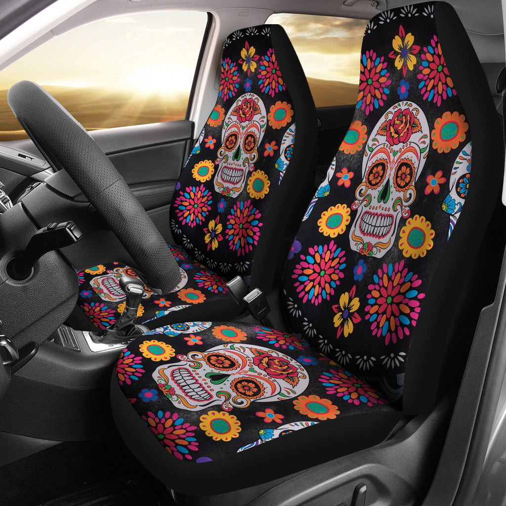 Set 2 pcs Floral sugar skull day of the dead skull car seat covers