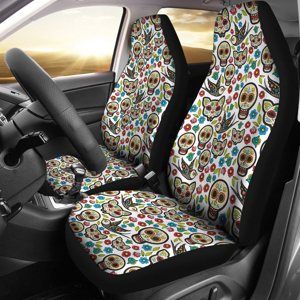 Set 2 pcs Floral sugar skull day of the dead skull car seat covers