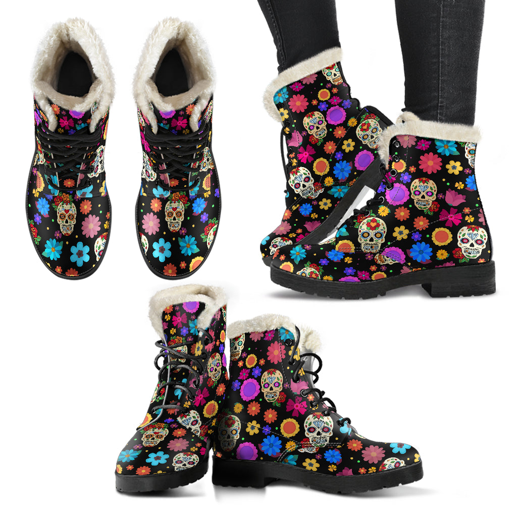 Sugar Skull Party Faux Fur Vegan Leather Boots for Lovers of Skulls